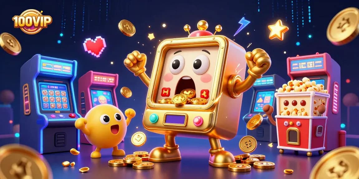 Experience the thrilling 100VIP slot action as the jackpot machine celebrates with coins cascading down.