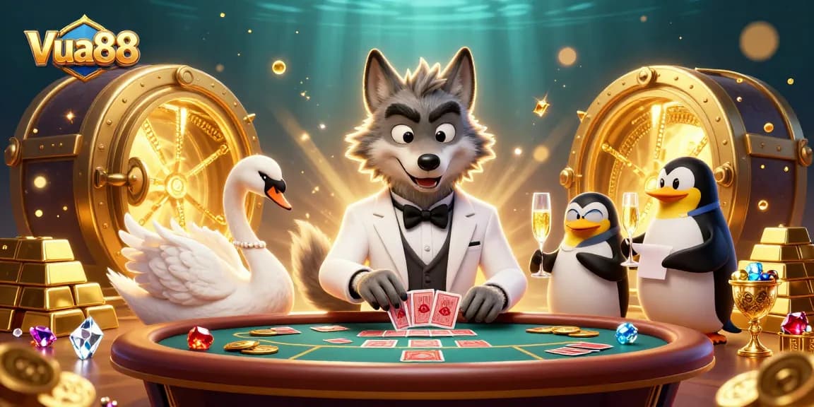 Experience winning moments at Vua88 with characters engaging around a vibrant baccarat table.