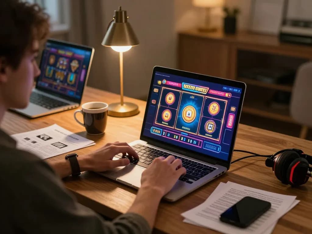 Player enjoying slots on a laptop in a cozy setting, discovering 789win777 gaming options
