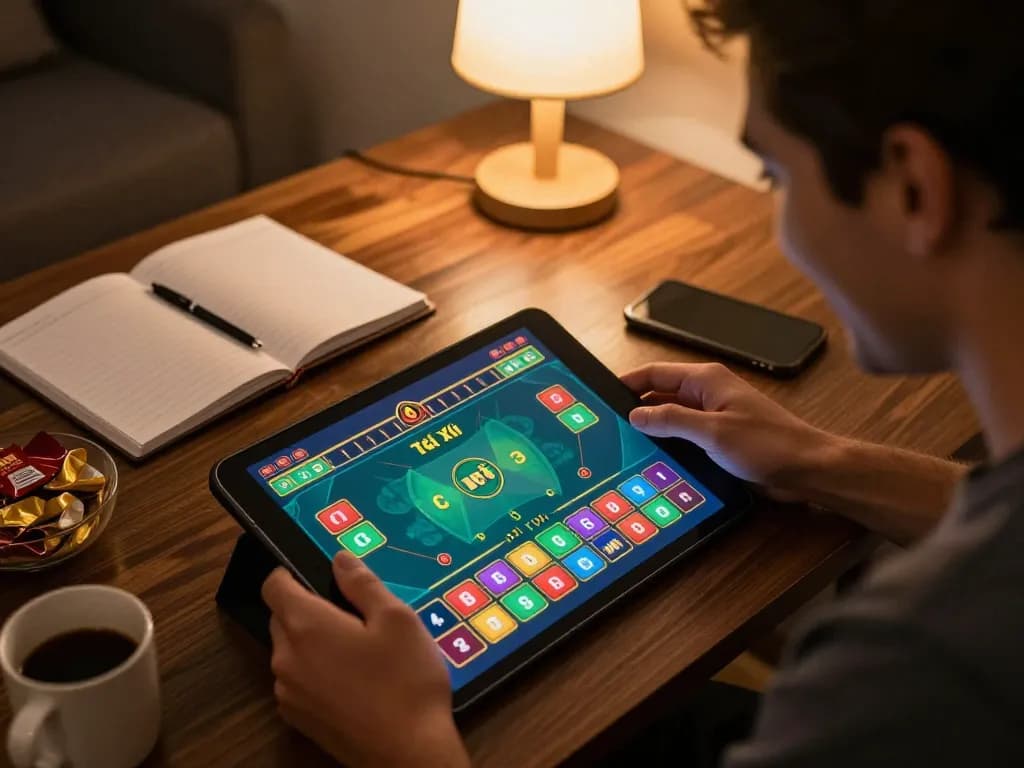 Player engaging in a Tài Xỉu game on taixiuonline8 tablet, showcasing strategic gameplay with a cozy setup