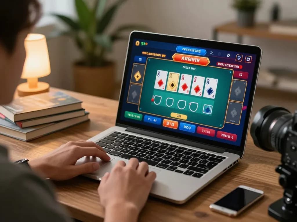 Engaged player enjoying a baccarat game on F168, showcasing strategic gameplay in a cozy home office.