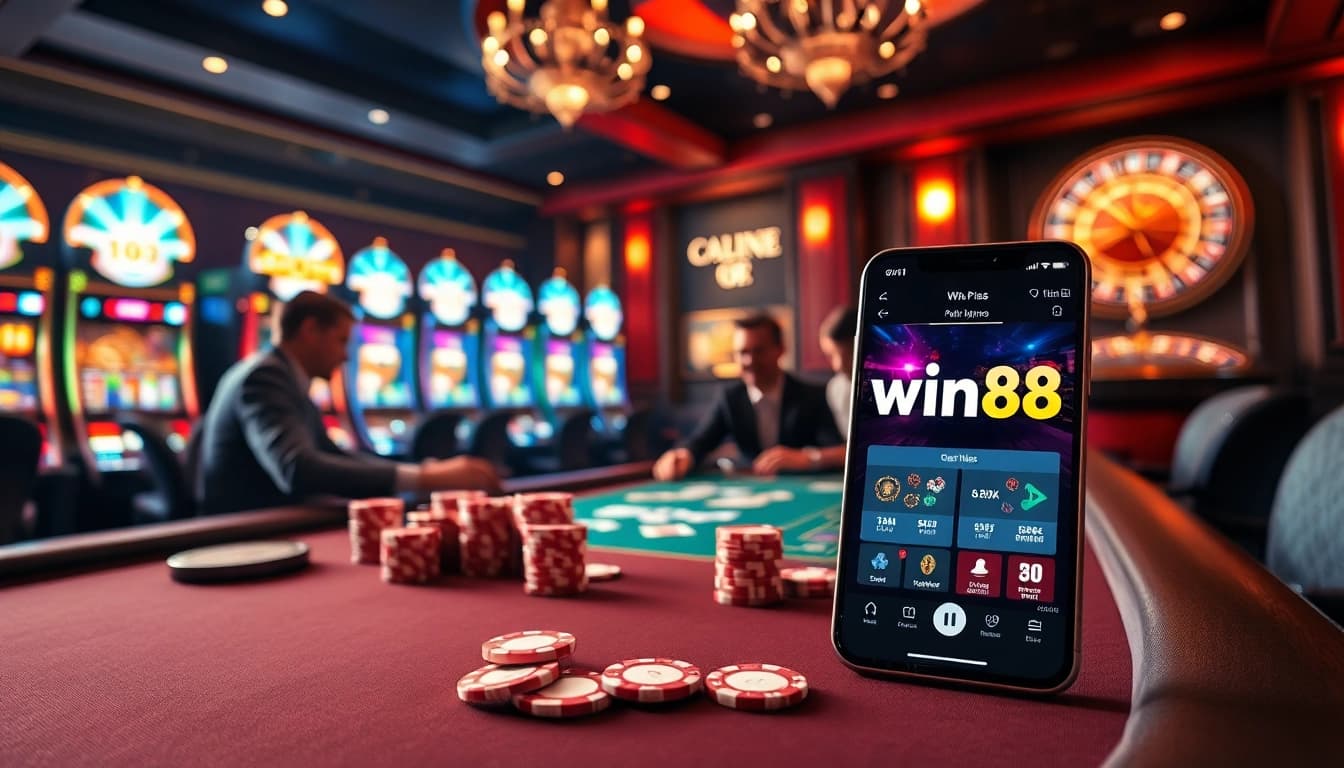 Players enjoying a poker game at a luxurious casino while highlighting win88 online options.