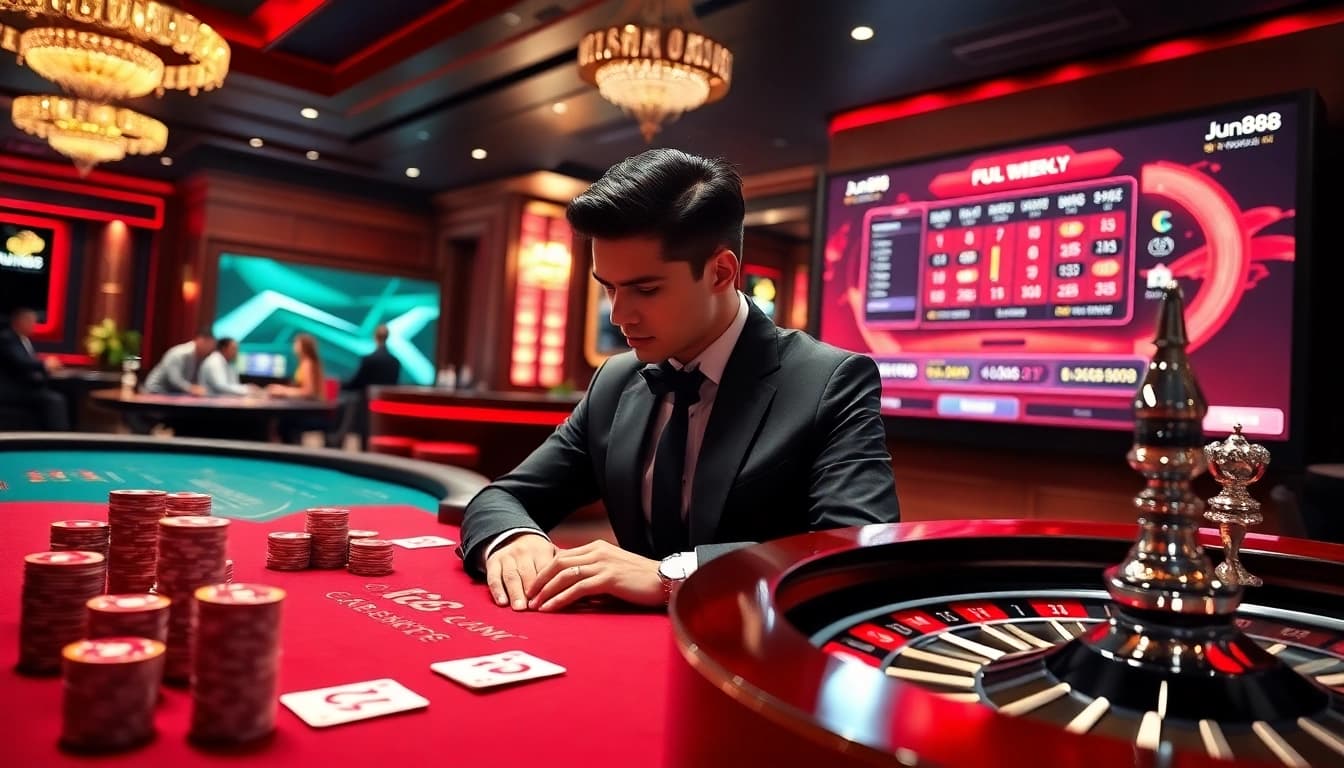 Betting excitement at https://jun88.now/, showing a vibrant casino scene with poker chips and roulette spins.