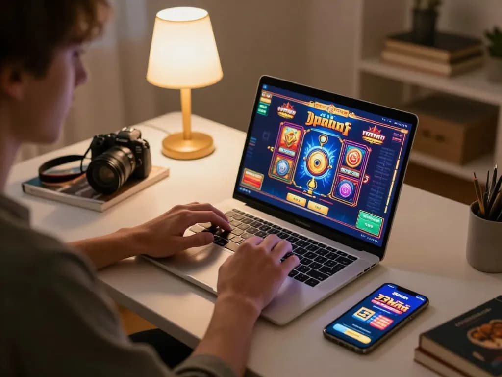 Player engaging with 33win slots on a laptop during cozy evening gaming