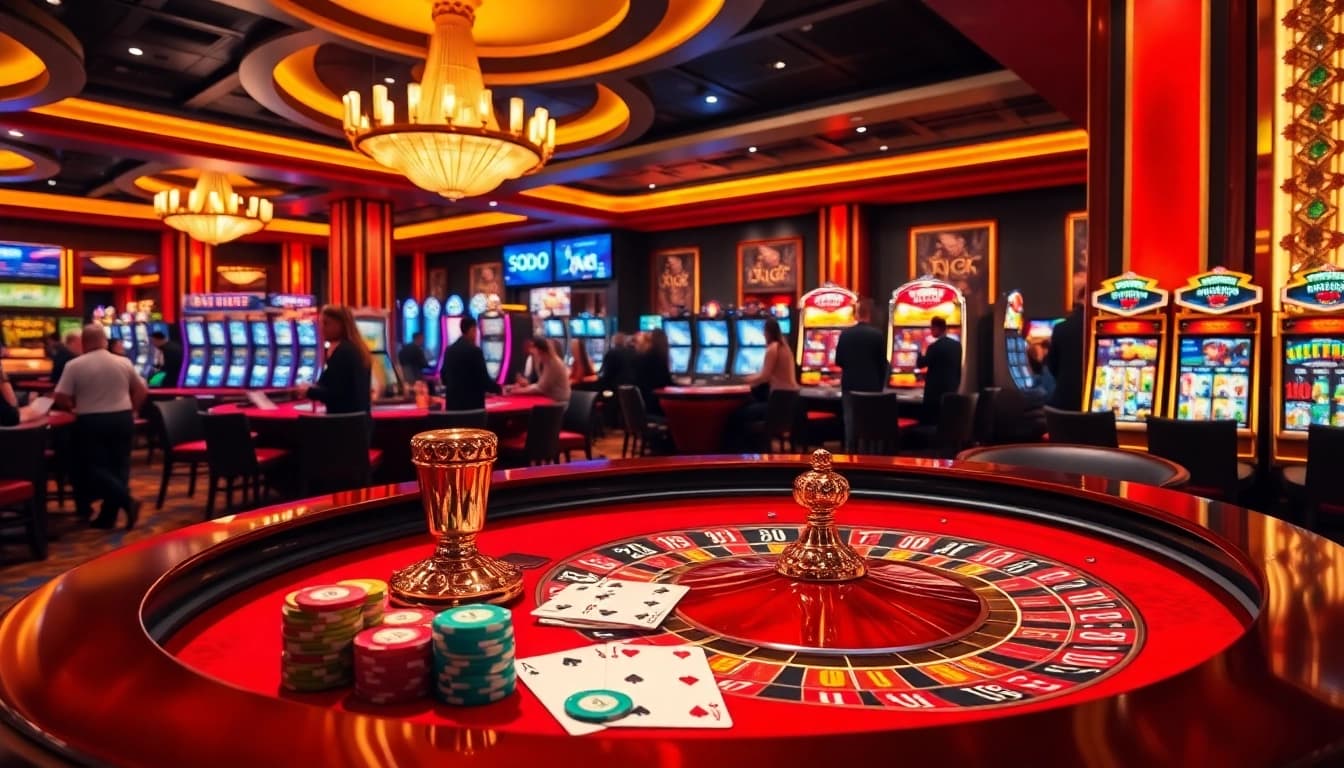 SODO CASINO gaming scene with roulette, cards, and vibrant slot machines showcasing excitement.