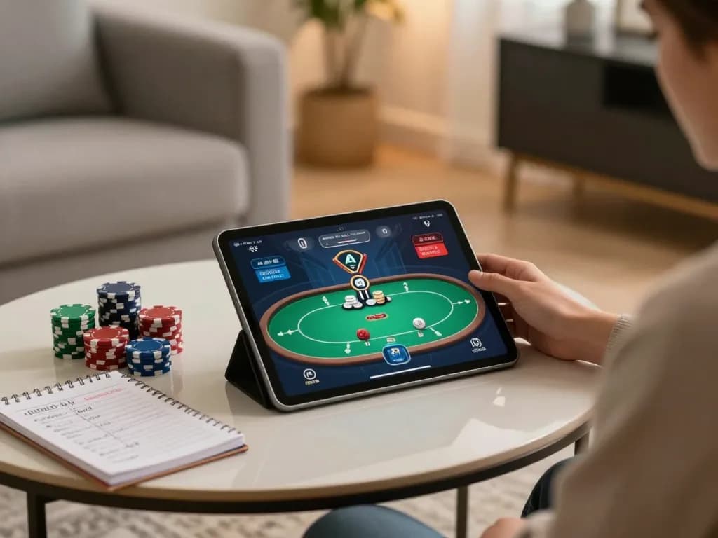 Person gaming at home with hay win poker strategy notes and tablet displaying game.