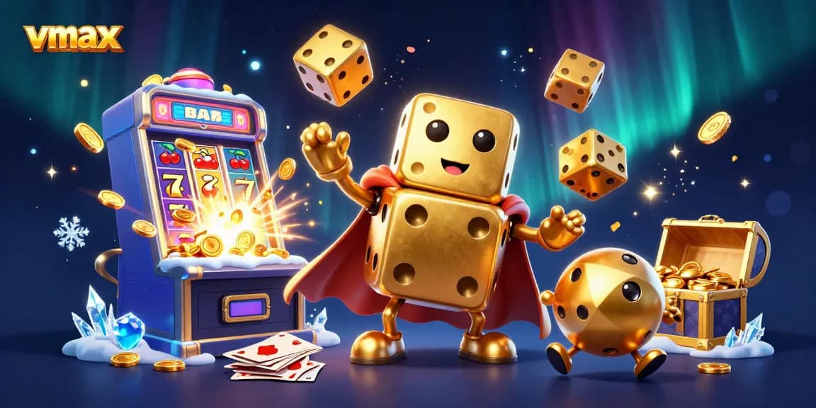Experience exciting games at vmax with a golden dice golem and slot machines in vibrant action.
