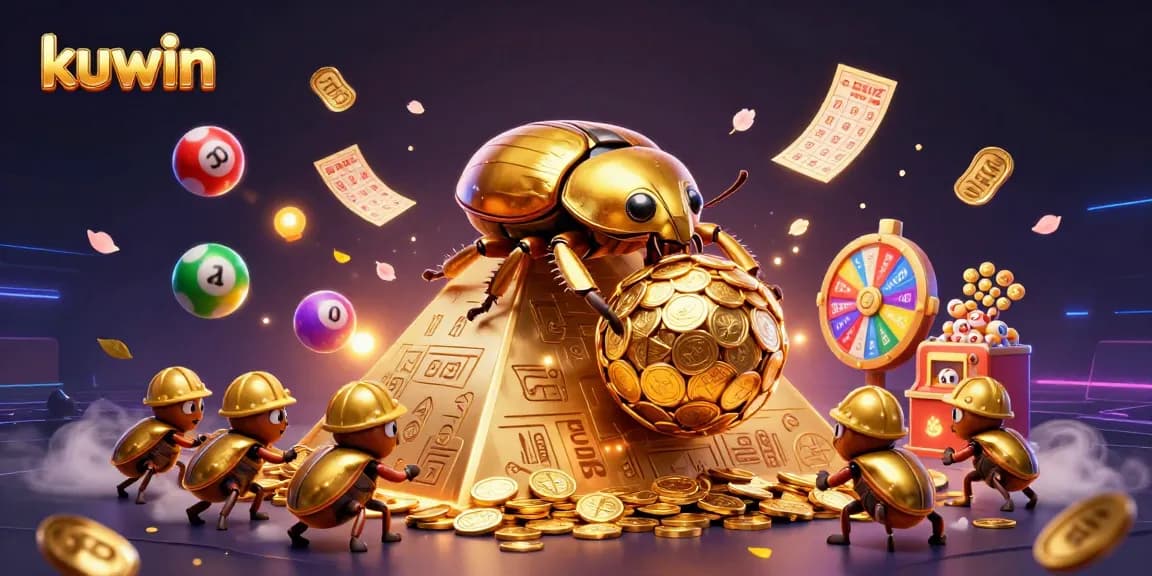 Engage with kuwin's vibrant casino experience as golden beetles navigate a pyramid of coins.