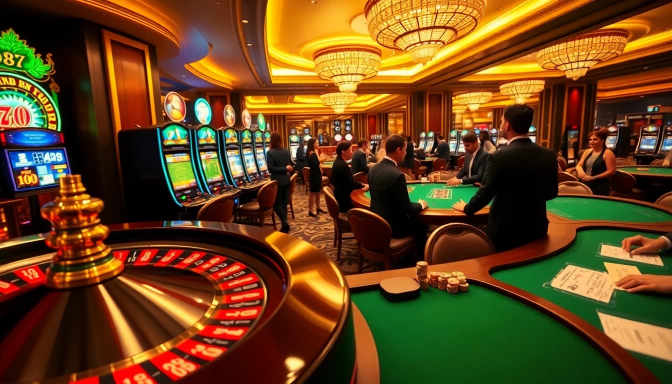 Engaging scene at lucky88 casino showcasing vibrant games, excited players, and luxurious setup.