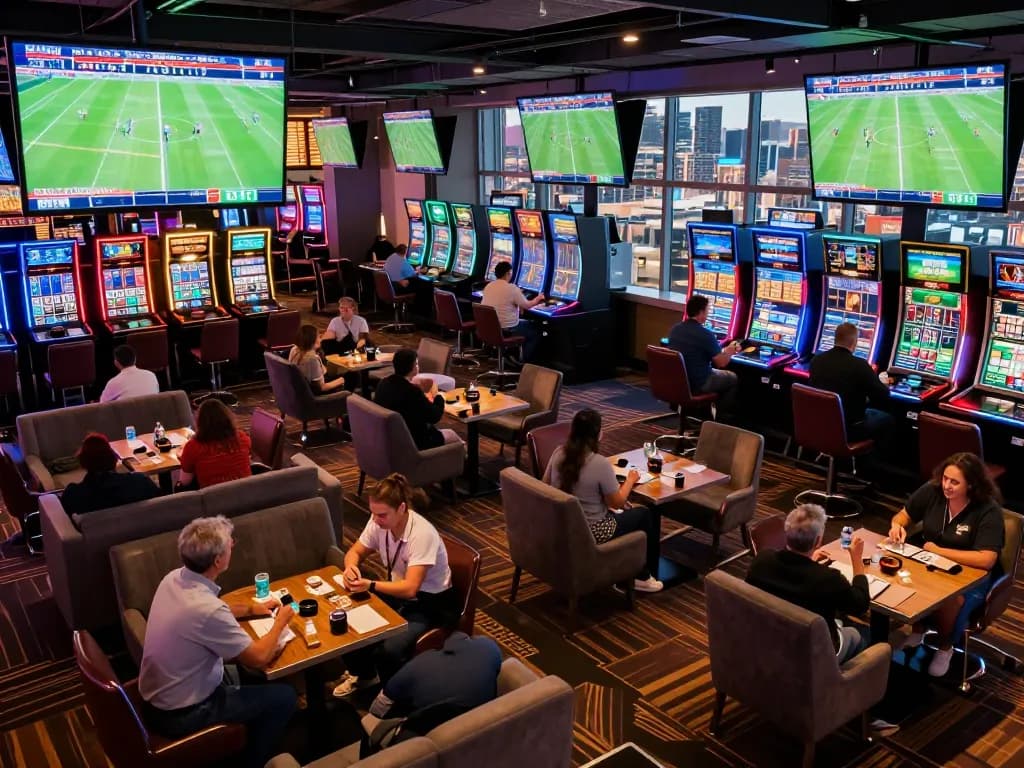 Viewing live kèo bóng đá betting action with excited spectators in a vibrant sports lounge