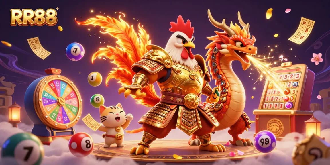 RR88 captures the excitement of gambling with a rooster warrior, dragon, and dynamic lottery elements.