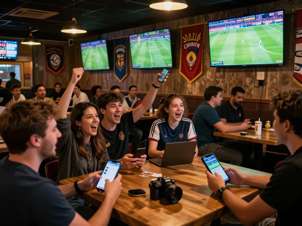 Socolive sports fans cheering while live betting on soccer matches in an energetic bar setting.