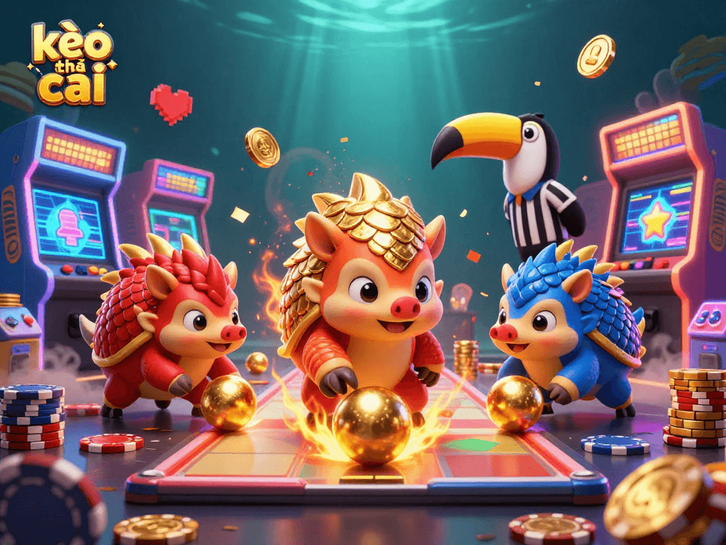 Engage with kèo nhà cái through a dynamic game featuring cartoon pangolins in an exciting casino scene.