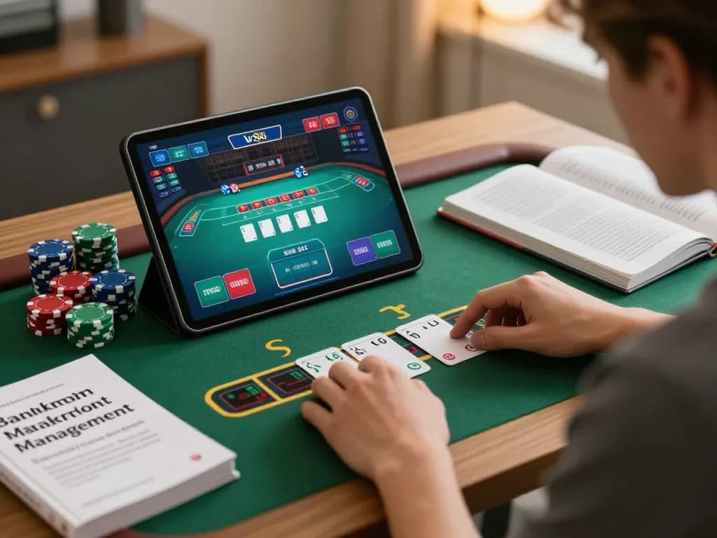 Player strategizing blackjack at lv88 with stacked chips in cozy home office