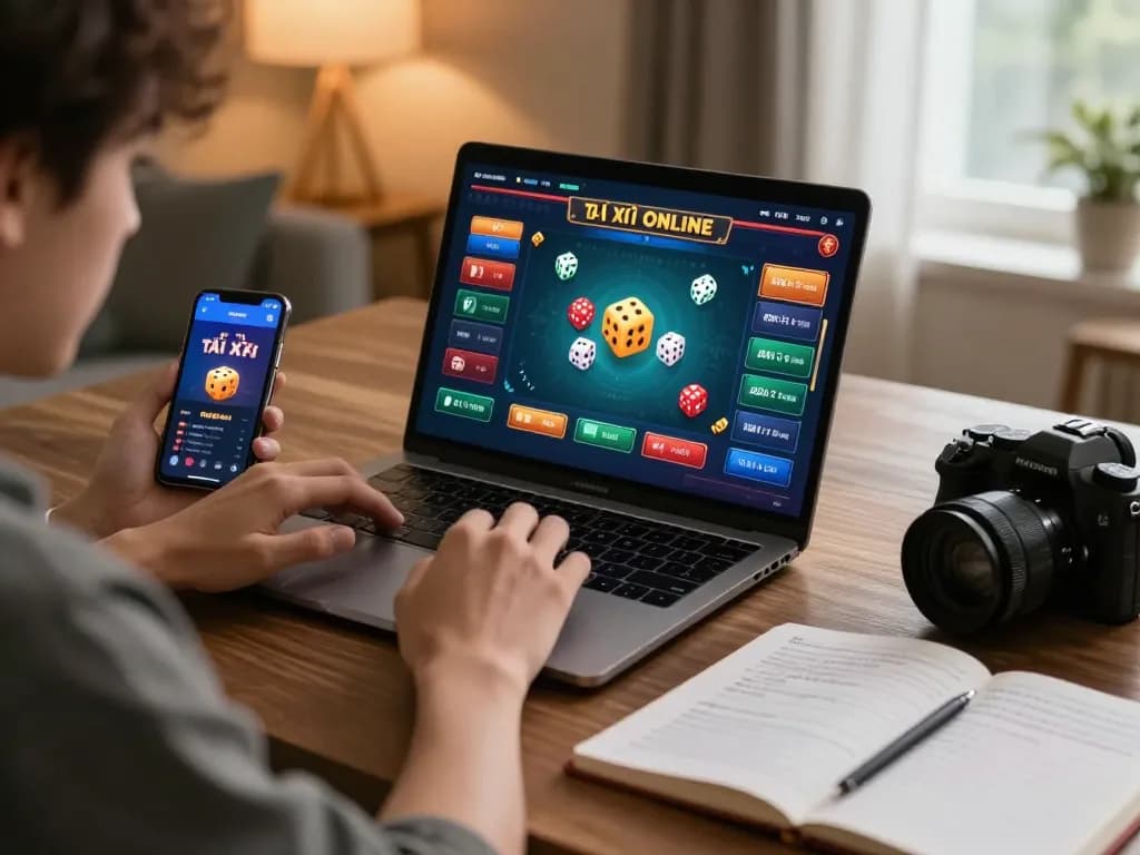 Tài Xỉu online uy tín gameplay shown on laptop with player engaged in strategic betting.