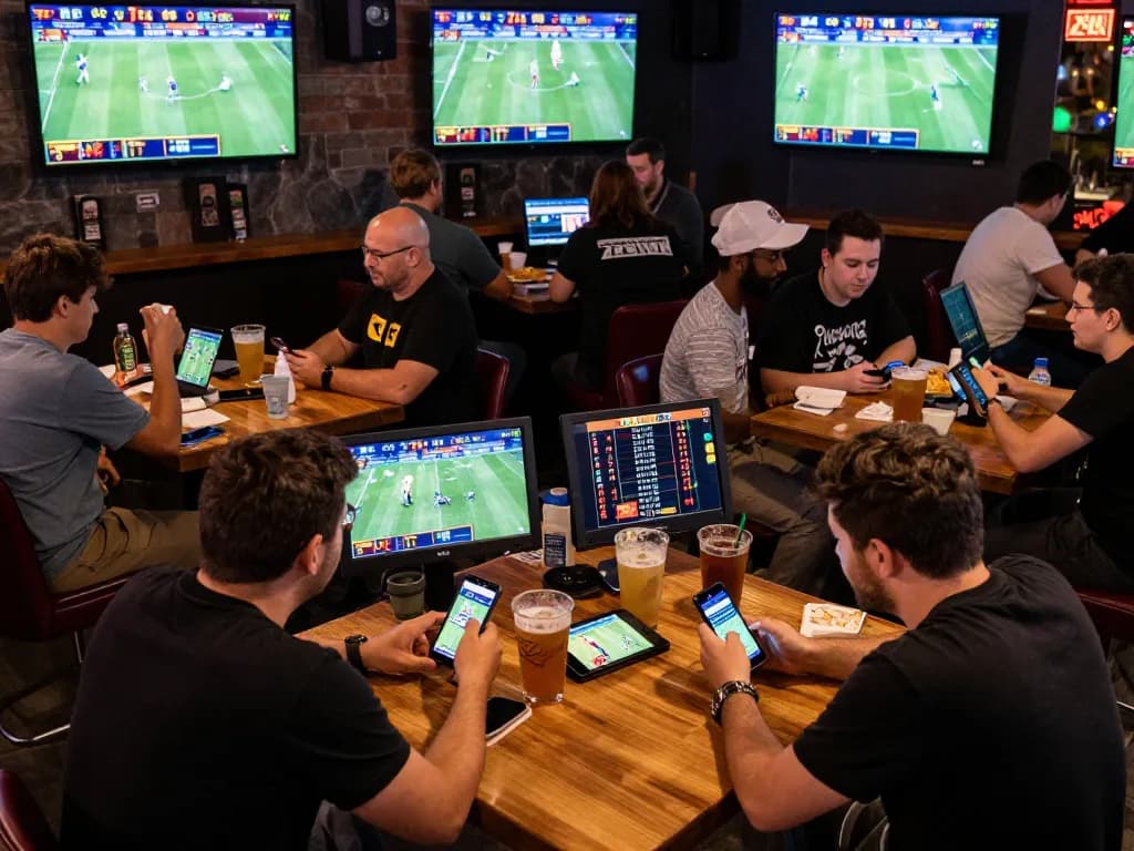 Engaged bettors enjoying live sports action while using 789WIN betting app in a vibrant sports bar.