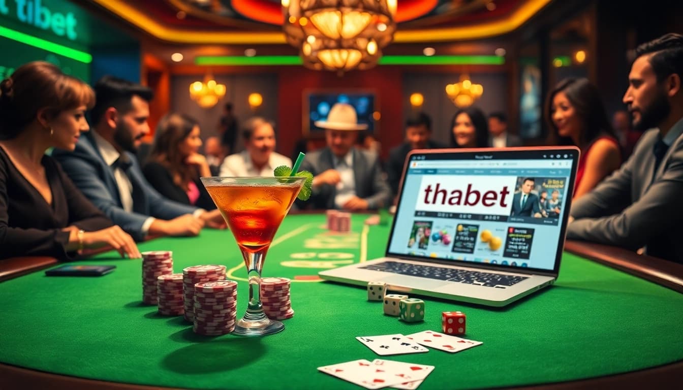 Engaging scene of players enjoying poker at https://thabet1.net/, showcasing excitement with poker chips and cards.