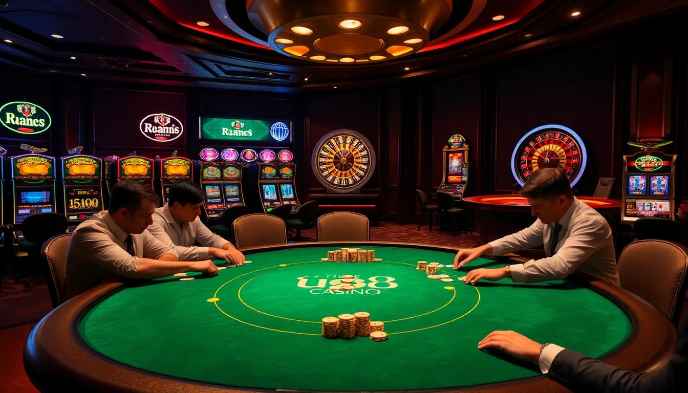 Experience high-stakes excitement with uu88 at a glamorous poker table in luxurious surroundings.
