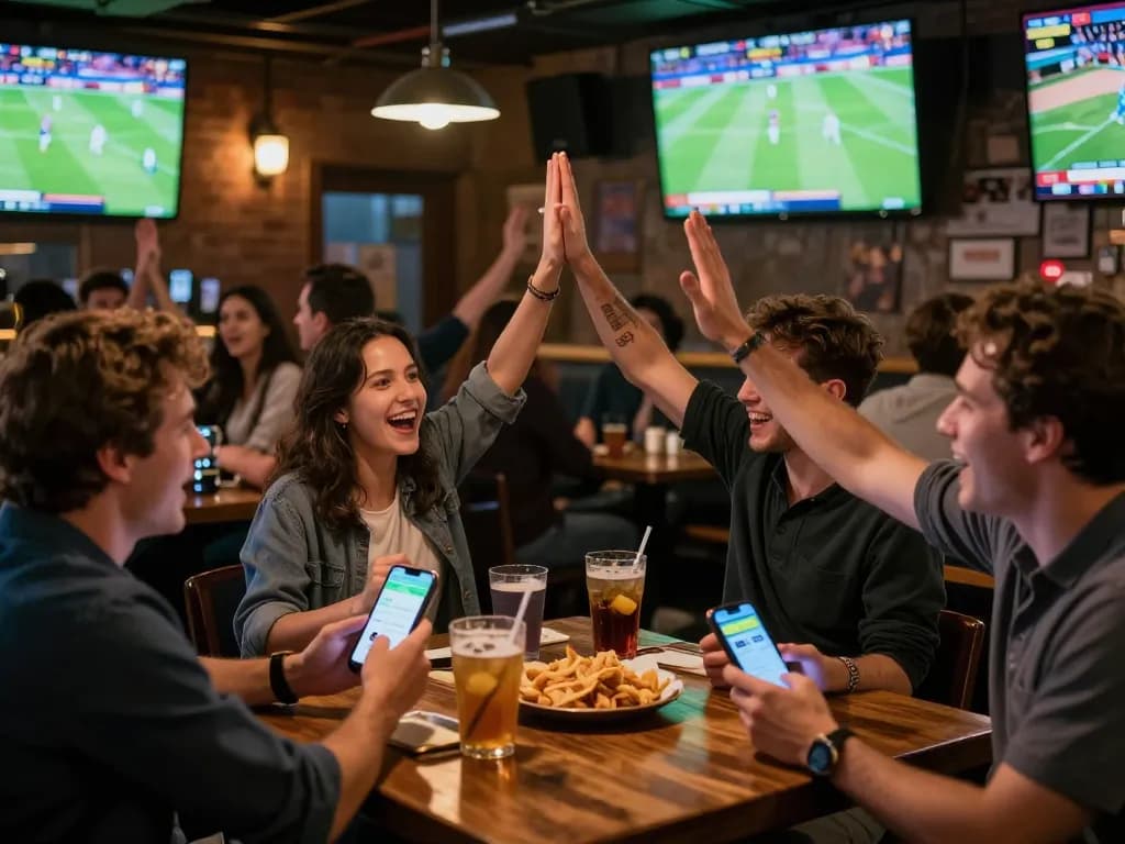 People celebrating sports bets on their smartphones at a vibrant sports bar, showcasing sc888 interactions.