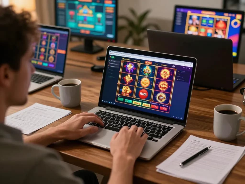 Player enjoying fabet online casino gaming on laptop at home with vibrant slots display.