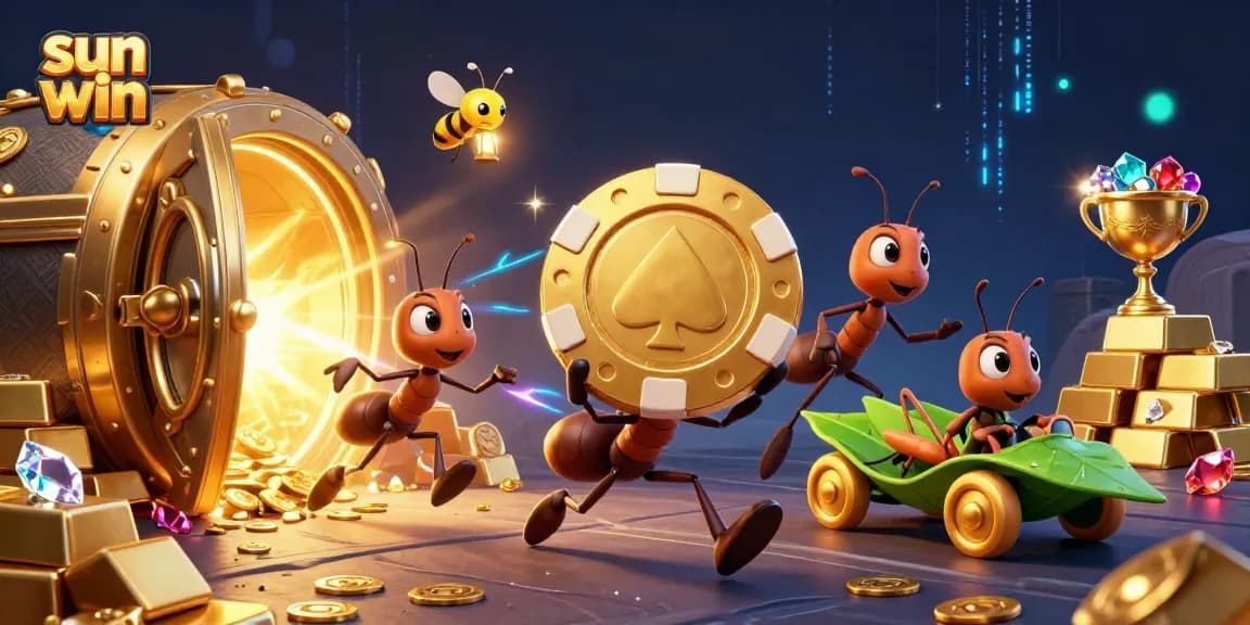 Experience exciting gameplay at Sun Win, where a heist unfolds with oversized poker chips and treasure around cartoon ants.