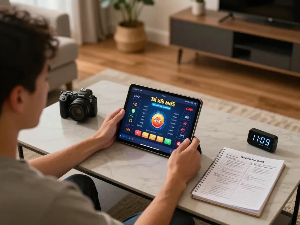 Engaging with the tài xỉu md5 casino app on a tablet in a cozy home setting while managing gaming strategies