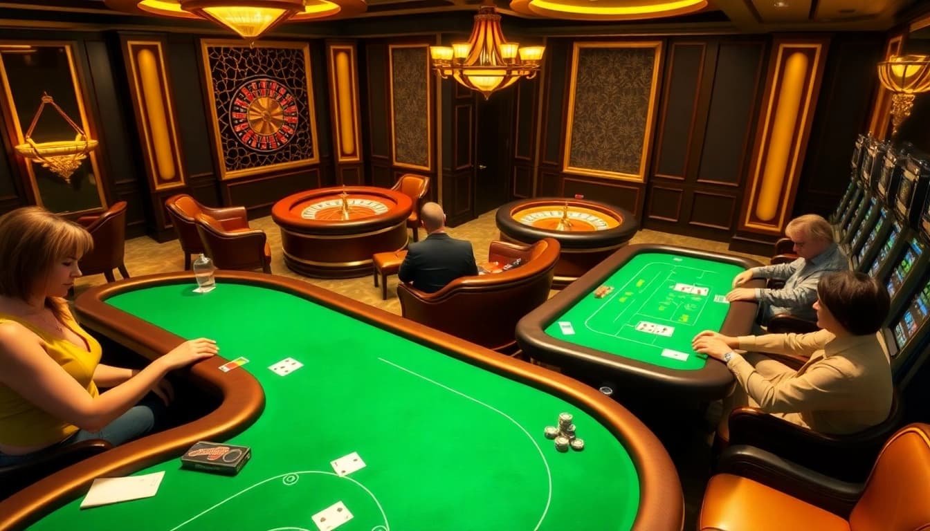 Engage in thrilling moments at TK999 Casino with players enjoying poker and roulette.