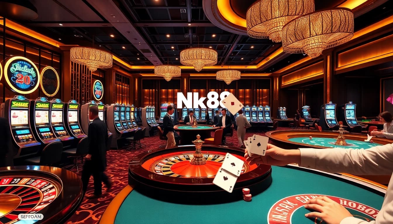 Players enjoying lively games at nk88's luxurious casino, showcasing casino tables and vibrant slot machines.