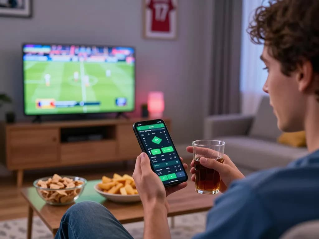 Cà khịa tv player engaging in live betting using mobile app while watching sports, creating an immersive gaming experience.