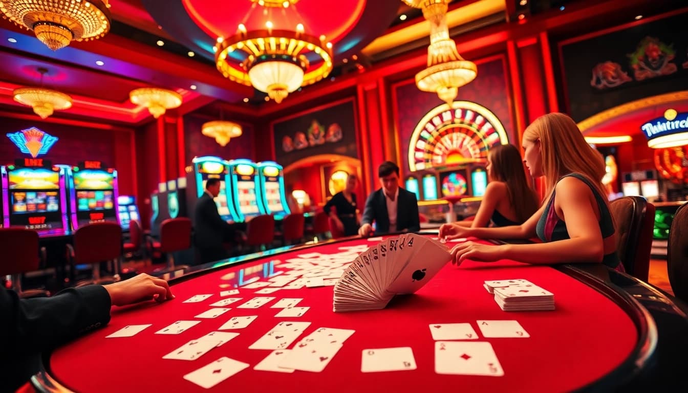 Experience thrilling gameplay at CM88 casino with luxurious poker tables and vibrant slot machines.
