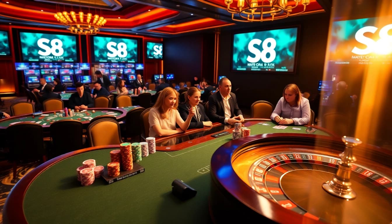 Players betting at S8's vibrant casino table, enjoying an engaging gaming experience.