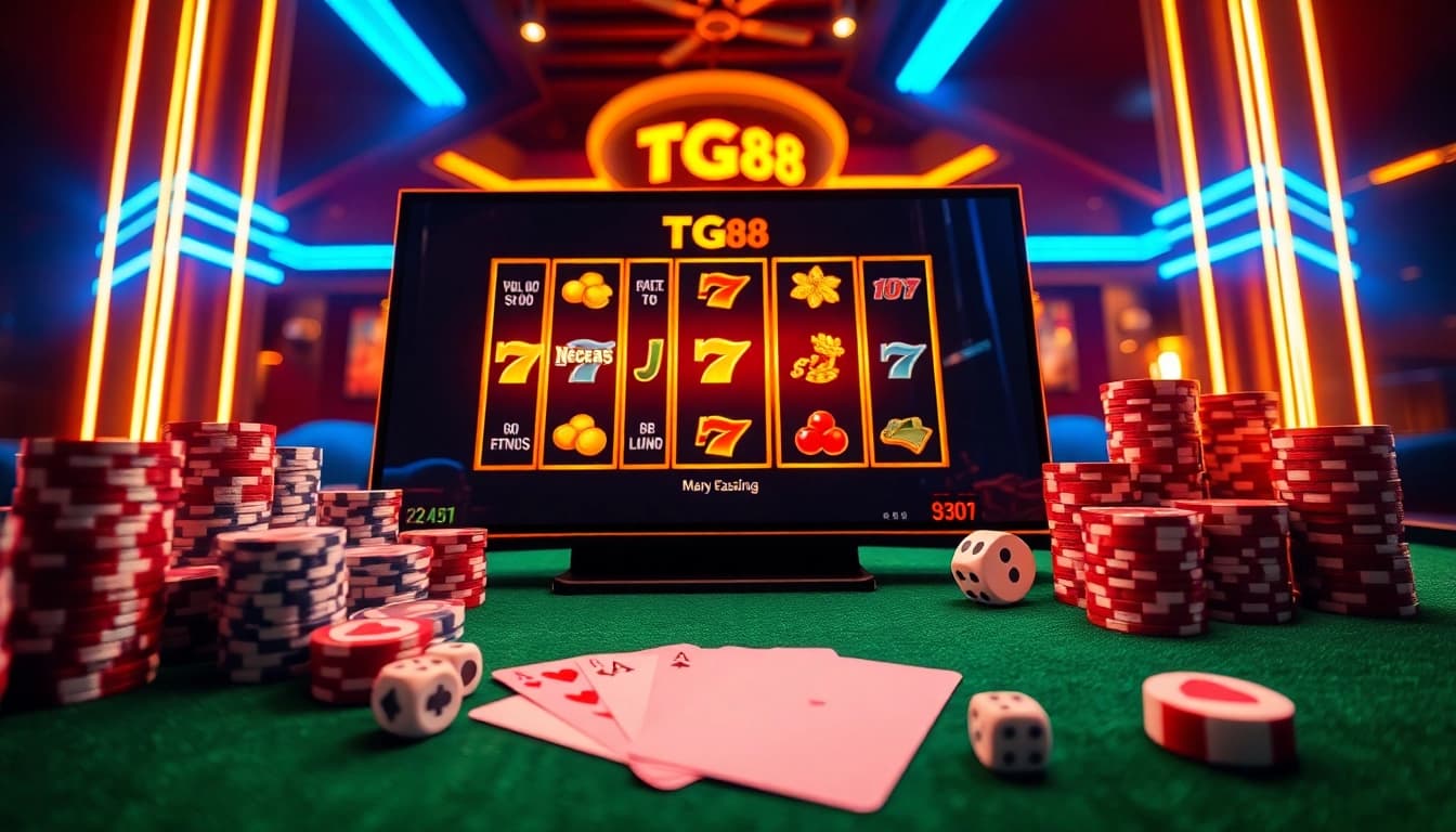 Engaging TG88 online casino interface displaying vibrant slot reels and strategic poker chips layout