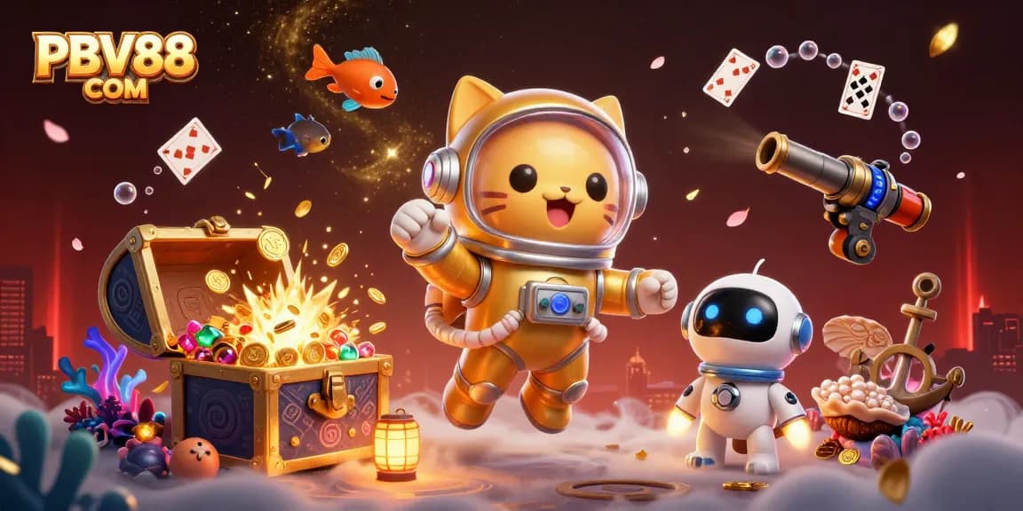 Engage with thrilling games at PBV88 COM featuring a dynamic casino scene with colorful characters and elements.