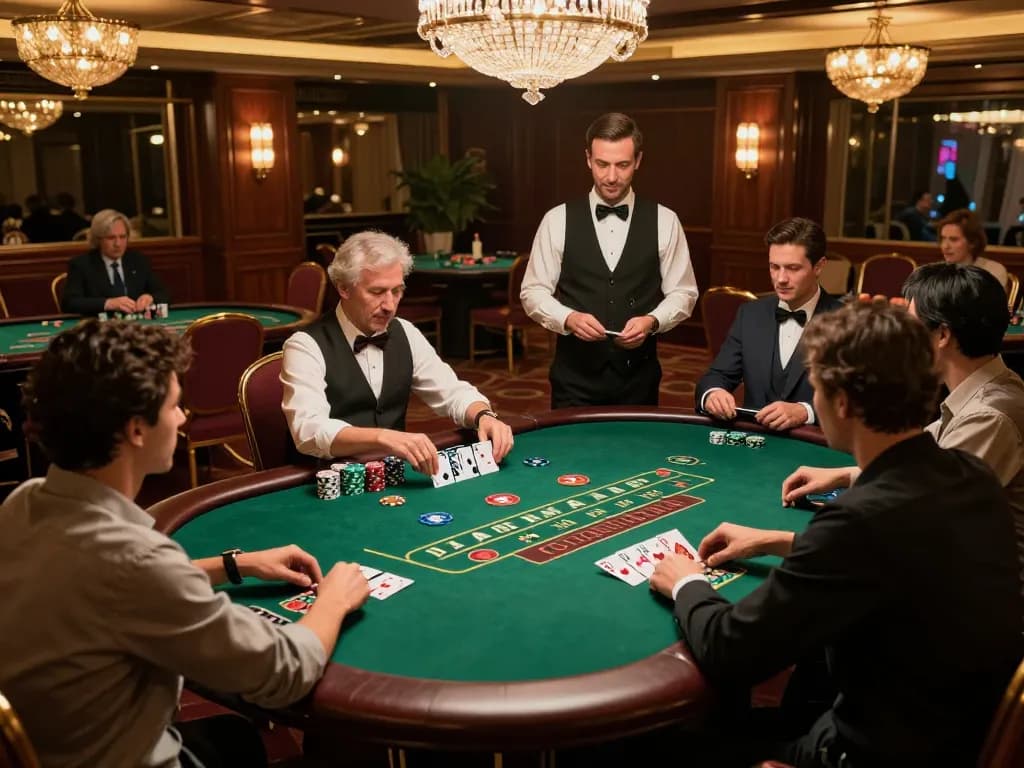 Players engaging in a thrilling game of tài xỉu at an upscale casino table with vibrant chips and warm ambient lighting.