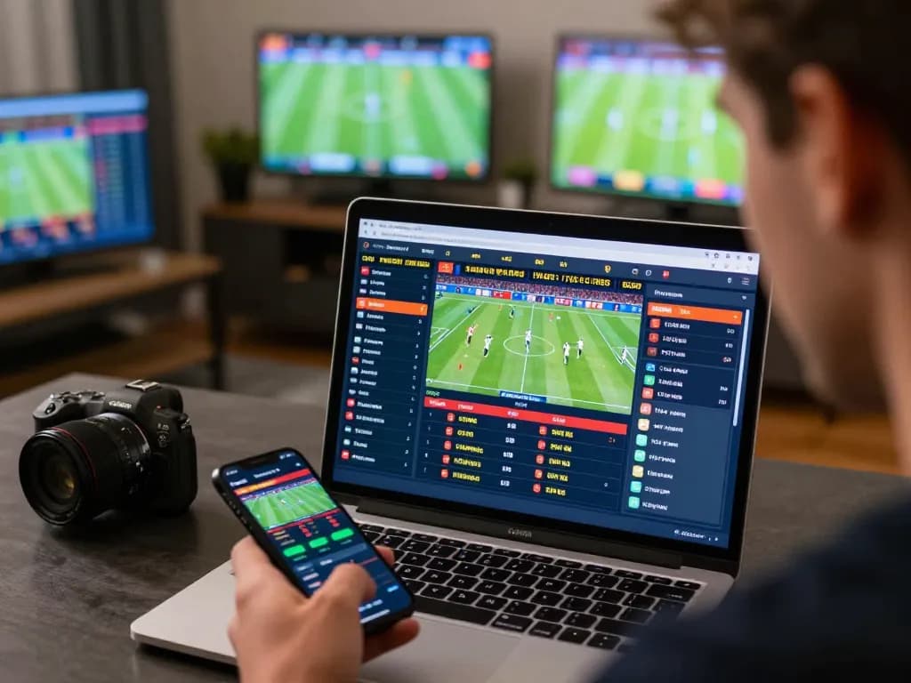 Engaged bettor using stepballl to analyze live sports betting odds in a modern home office