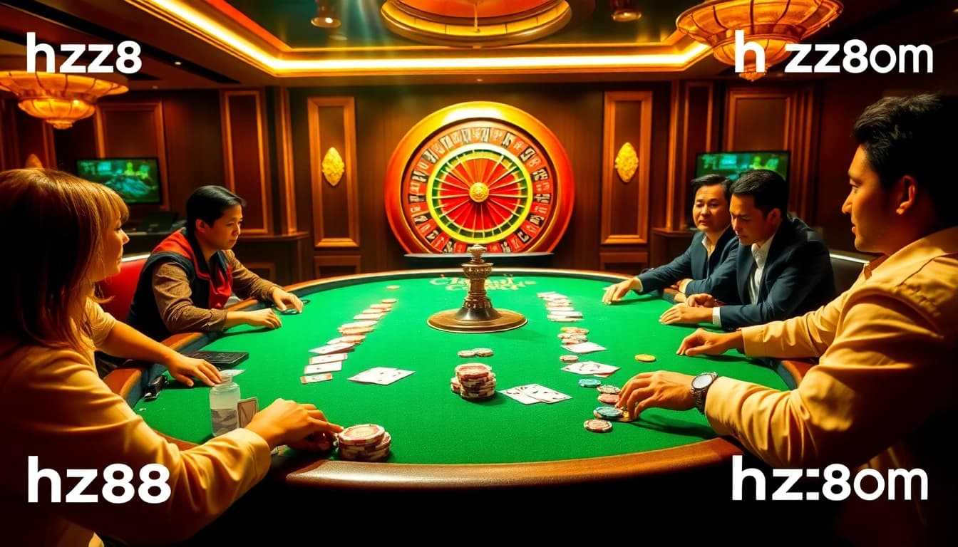 Players enjoying poker at a casino table featuring the hz88 com logo for an immersive gambling experience.