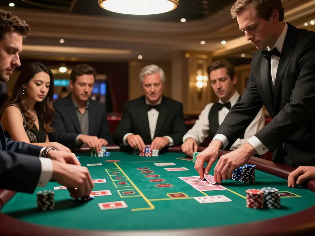 Players strategizing at a lively blackjack table featuring 90P gaming excitement in a luxury casino.