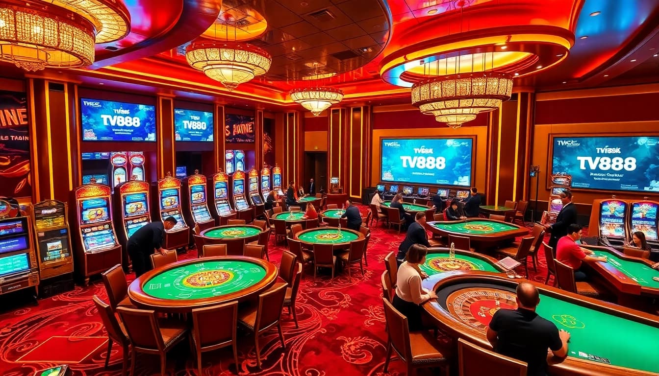 Players enjoying vibrant casino games at https://tv88.network/ with luxurious decor and lively atmosphere.
