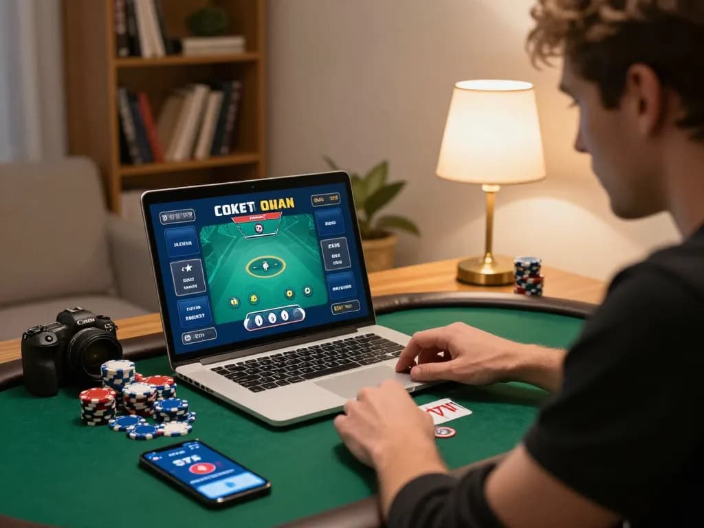 Player immersed in online poker on the 577F app, showcasing strategic gameplay and cozy home atmosphere.