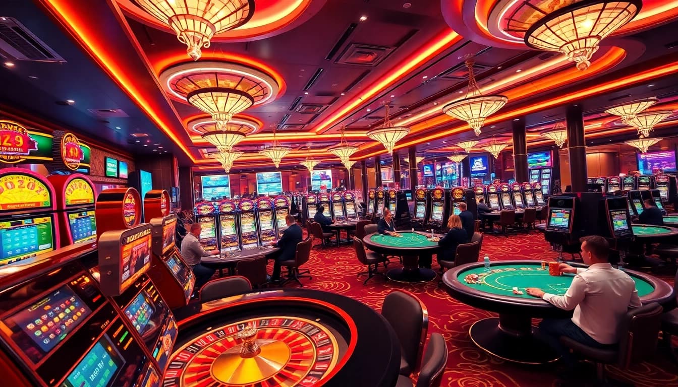 Players enjoying table games and slot machines at a casino, highlighting https://pub88.in.net/'s vibrant gaming atmosphere.