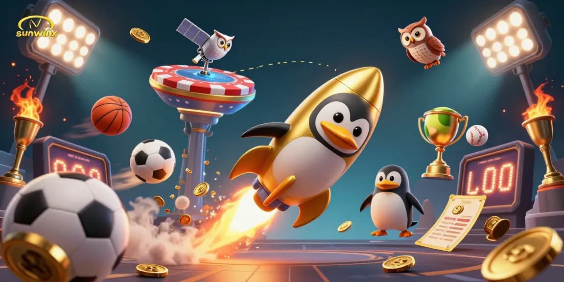 Experience sunwinx excitement with a golden penguin and casino elements in a vibrant space scene.