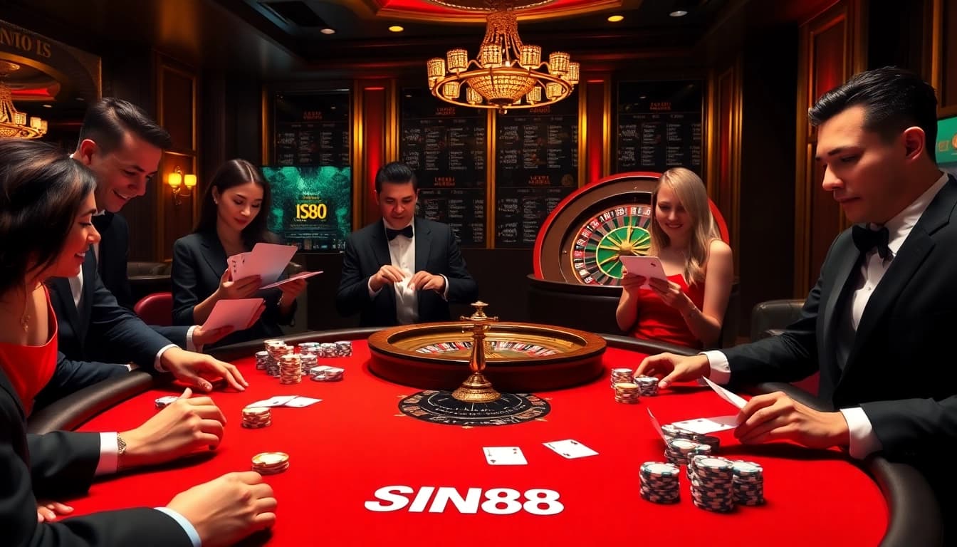 SIN88 poker players engaged at a high-stakes table with vibrant casino ambiance.