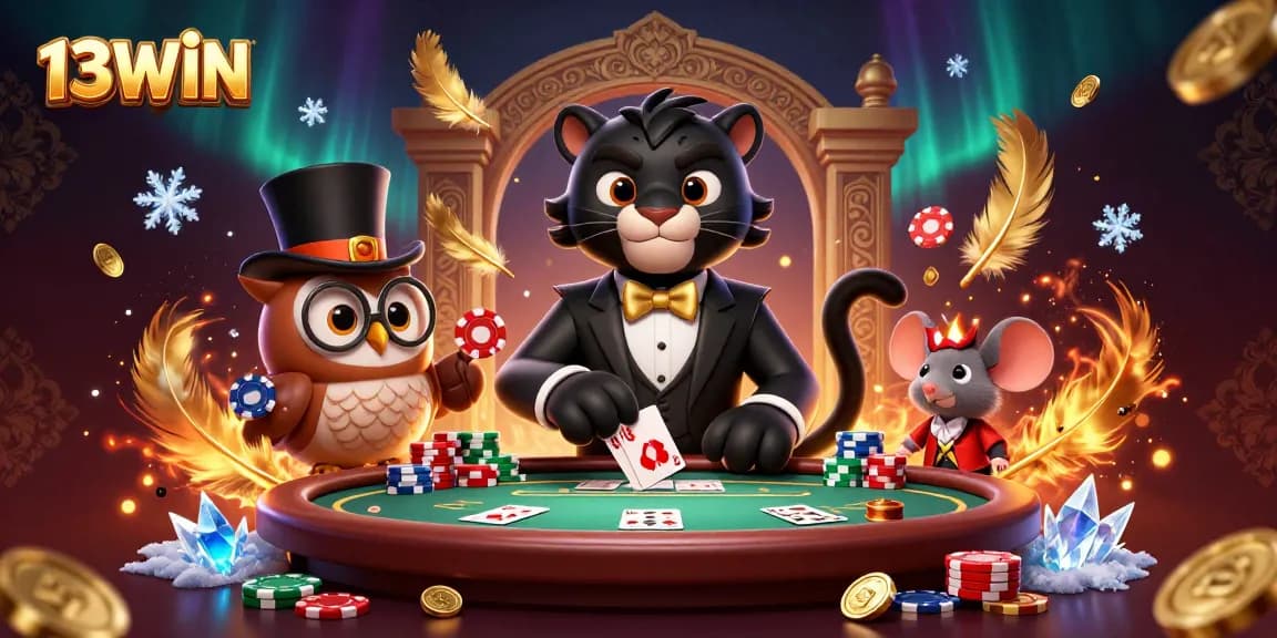 Engage with thrilling moments at 13WIN's poker table, featuring a stylish panther and friends.