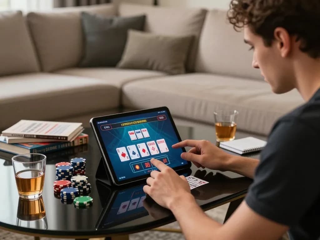 Play blackjack online with the Link nhà cái Rik88 on a tablet, showcasing engaging gameplay and a cozy setting.