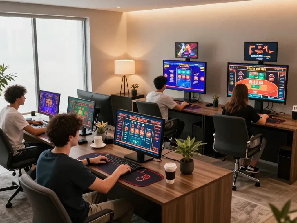 Players actively engaging with JUN88's online casino platform in a stylish home office.