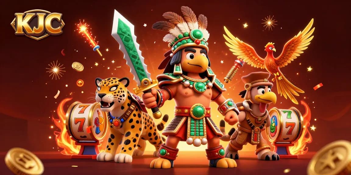 KJC engages players with dynamic slot games featuring lucky 7s and vibrant graphics in this illustrated scene.
