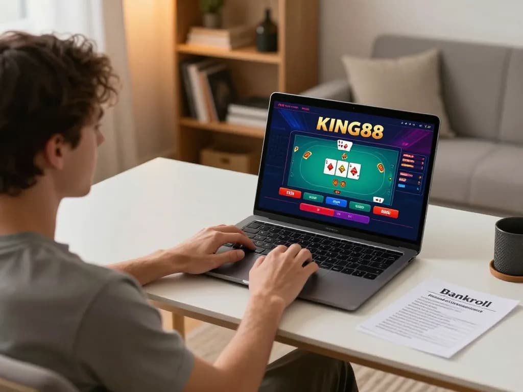 Engaging in online gaming at KING88 with a detailed poker interface, showcasing responsible gaming.