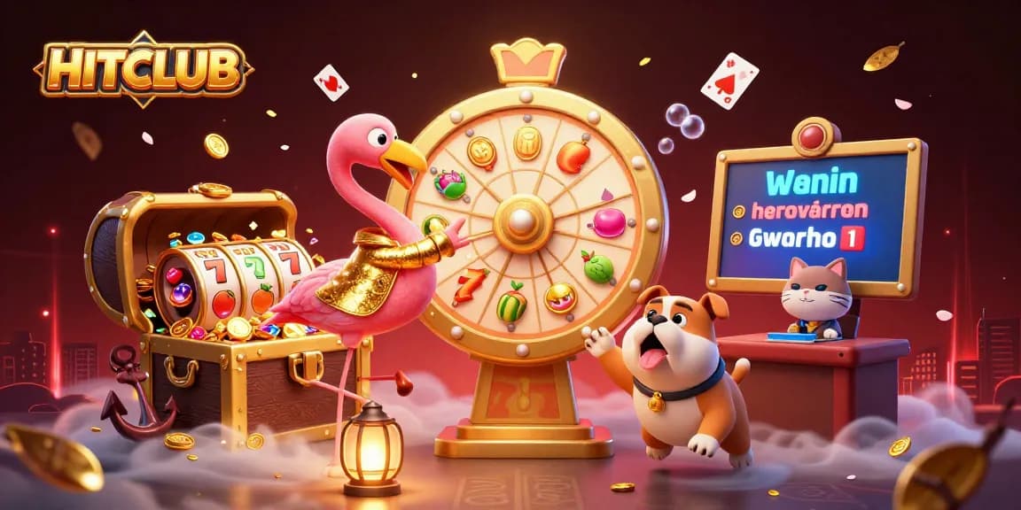 Spin the HITCLUB prize wheel while enjoying slots and vibrant casino elements in this dynamic illustration.