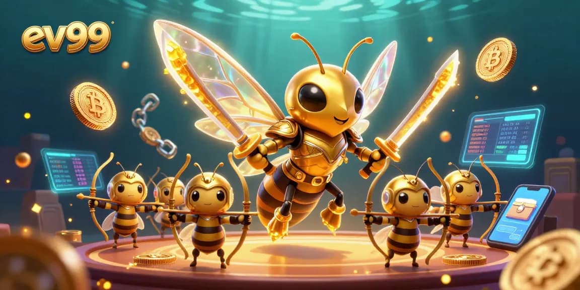 ev99 casino scene with a golden hornet in samurai armor engaged in dynamic gaming actions.