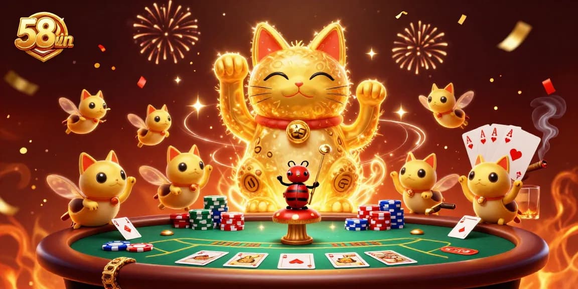 Engage in exciting gameplay at 58win with golden fireflies and casino elements celebrating wins.
